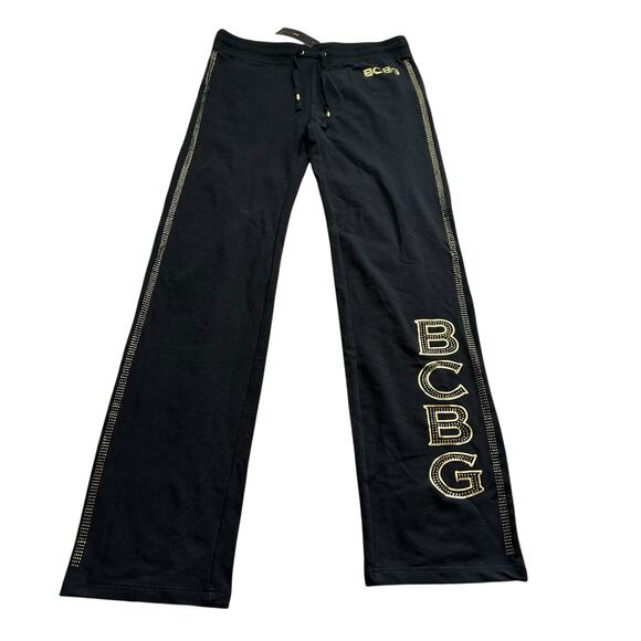 BCBGMAXAZRIA Black Y2K Rhinestone Bling Gold Sweatpants Women's Size Medium NWT - Picture 1 of 8